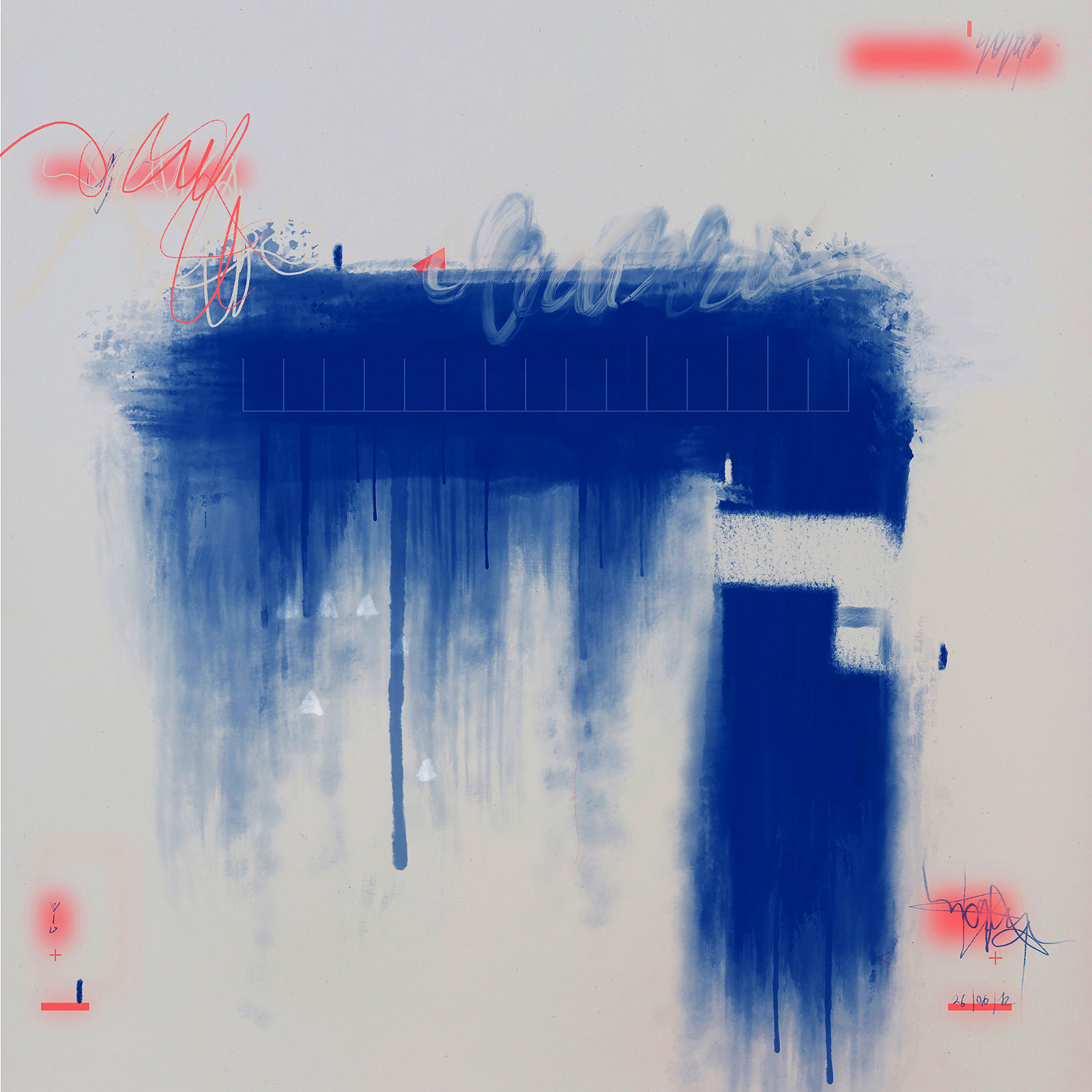 Marker-Kollaps 03 — Mischtechnik auf Karton, 70 × 70 cm, 2026