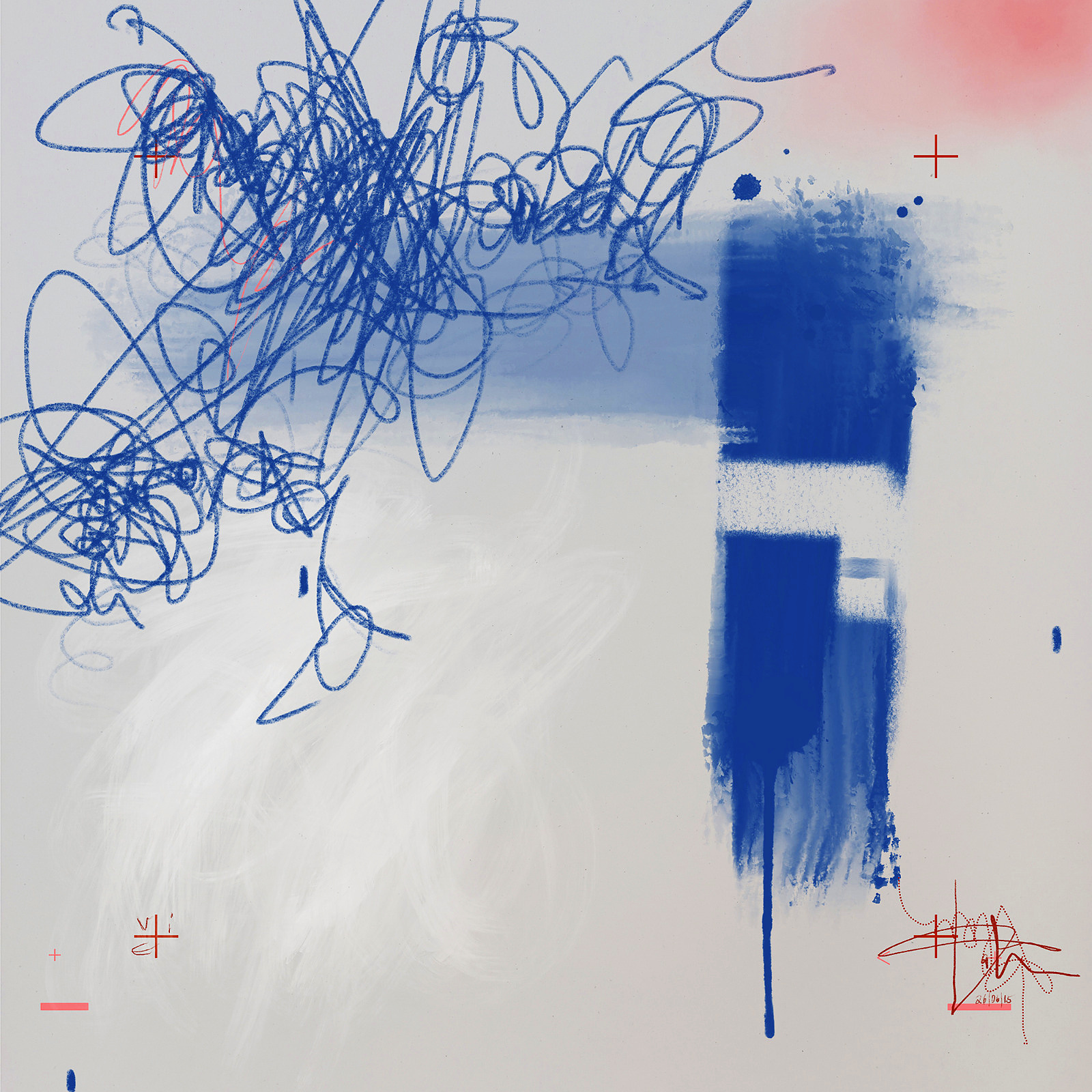Marker-Kollaps 04 — Mischtechnik auf Karton, 70 × 70 cm, 2026