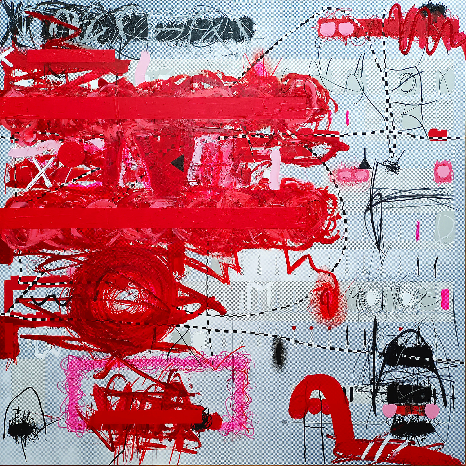 Streichungen ohne Grund — Mischtechnik auf FineArt Print, 140 × 140 cm, 2024