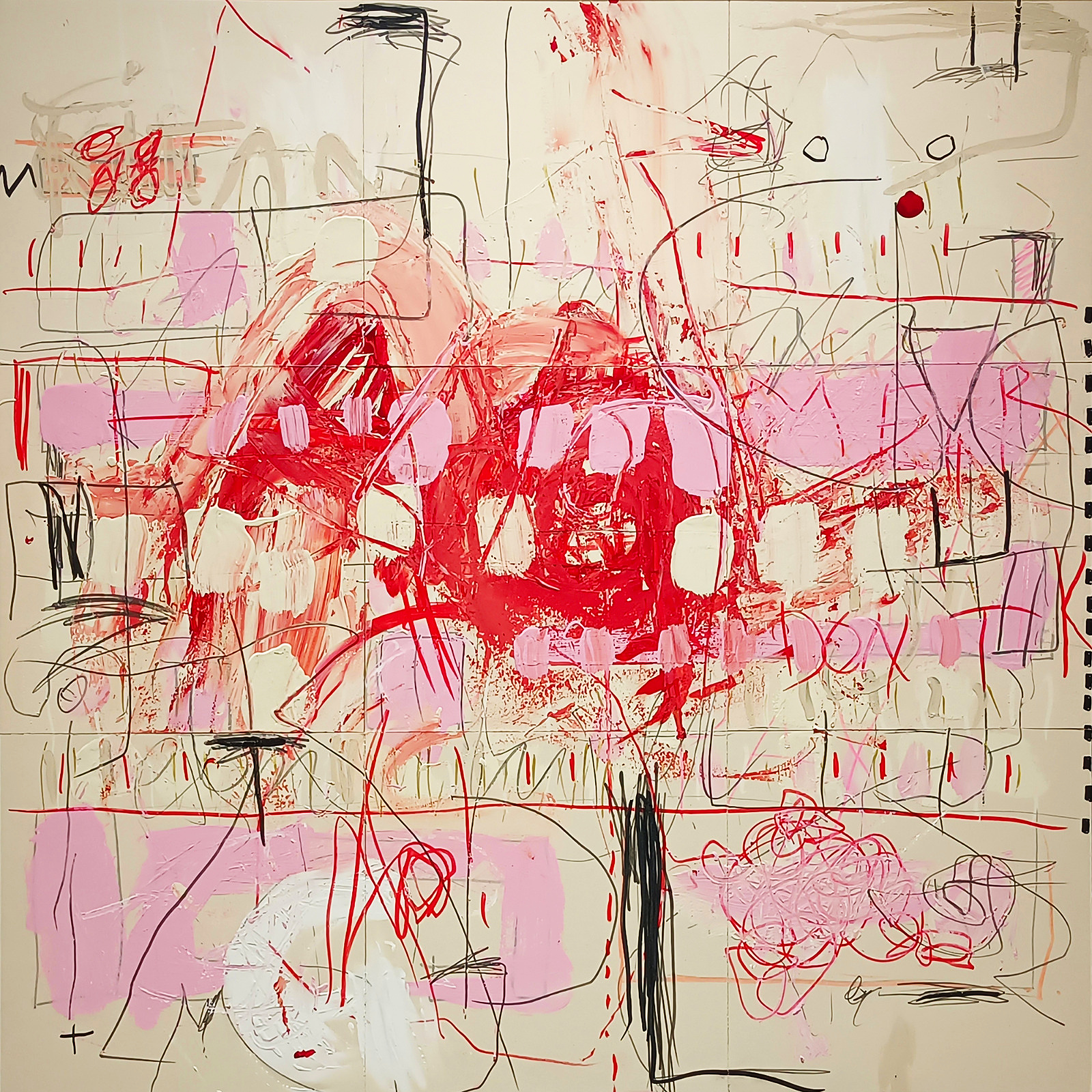 Ausschreitungen im Formular — Mischtechnik auf Karton, 120 × 120 cm, 2024