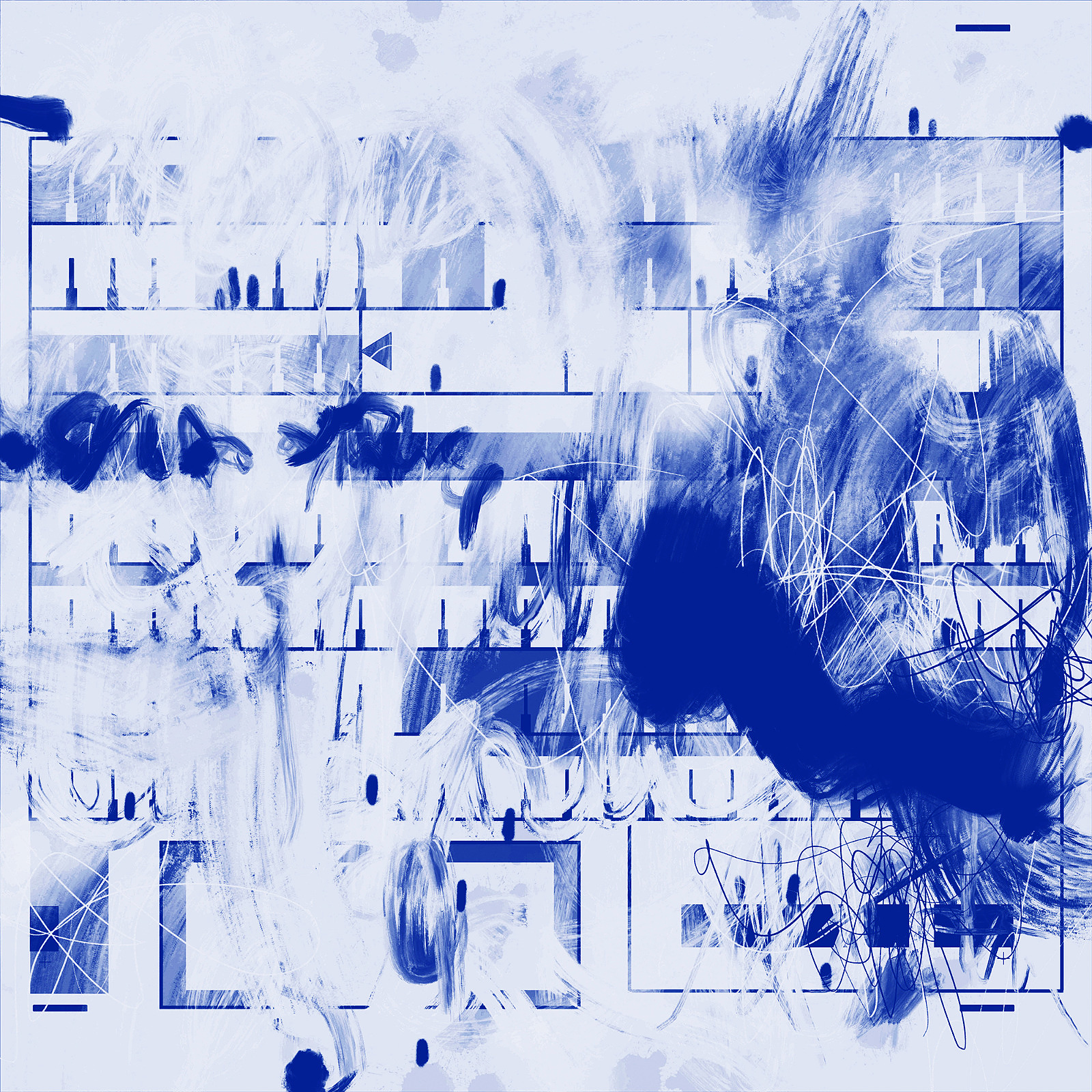Blauer Montag im Formular — Mischtechnik auf FineArt Print, 90 × 90 cm, 2026