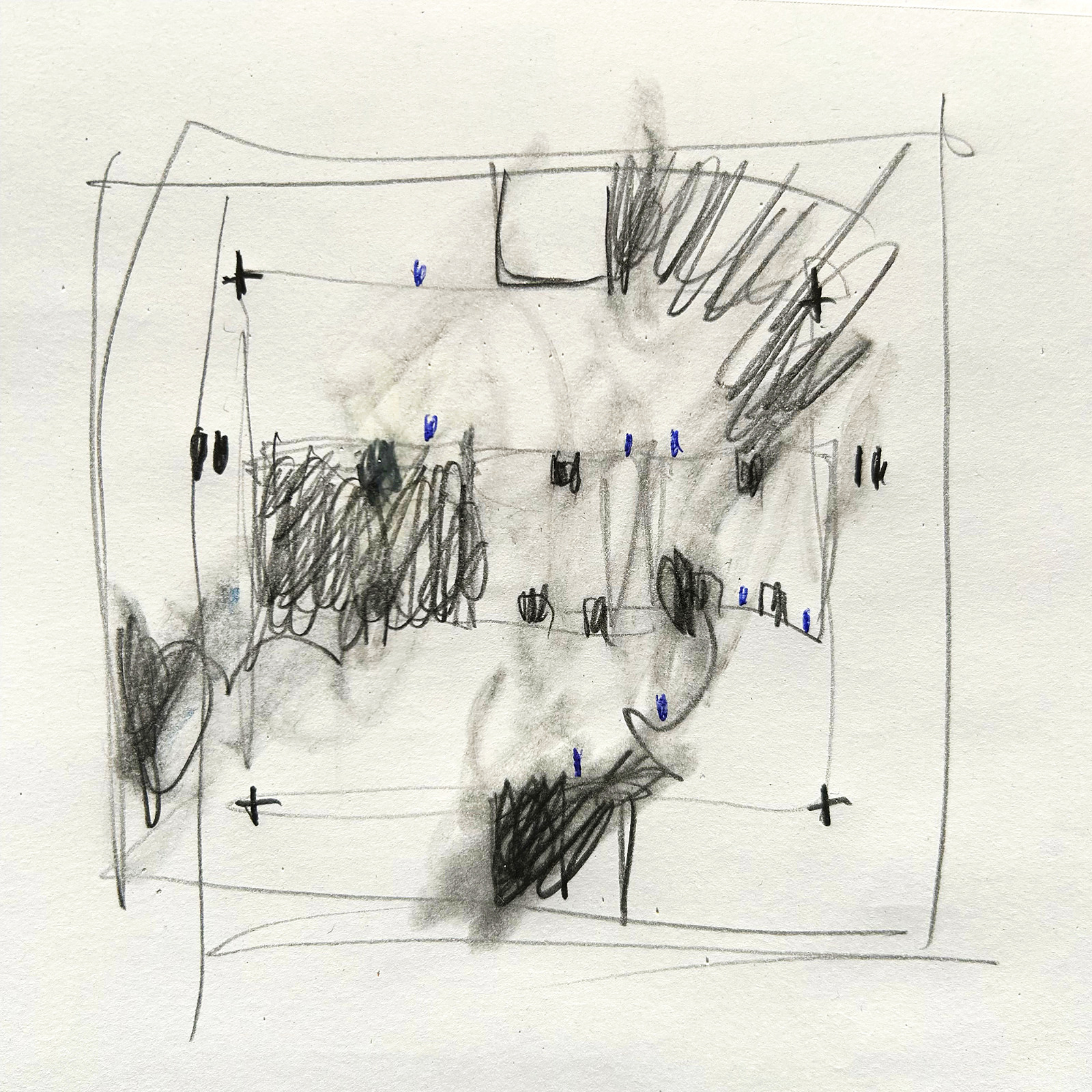 Skizze Kollaps im Formular — Mischtechnik auf Papier, 30 × 30 cm, 2026