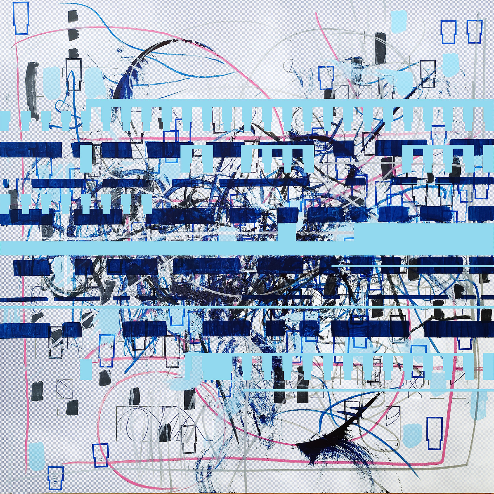 Bahnsteigpartitüde — Mischtechnik auf FineArt Print, 70 × 70 cm, 2023